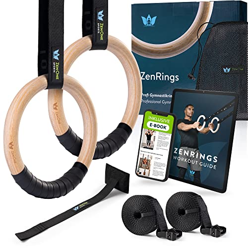 ZenOne Sports Premium Turnringe aus Holz, splitterfrei, Gymnastikringe mit Griffband, Türanker & extrabreiten Gurten, Turnringe für Fitness, Calisthenics & Crossfit, mit Workout-Guide & -Video ZenOne Sports Premium Turnringe aus Holz, splitterfrei, Gymnastikringe mit Griffband, Türanker & extrabreiten Gurten, Turnringe für Fitness, Calisthenics & Crossfit, mit Workout-Guide & -Video von ZenOne Sports