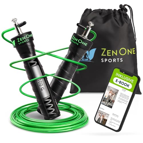 ZenRope Springseil, Speed Rope mit Kugellager, professionelles Sprungseil für Erwachsene, längenverstellbar, inkl. Extra Stahlseil, E-Book, Einstiegsguide & Tasche, 3 m Seillänge (Grün) von ZenOne Sports