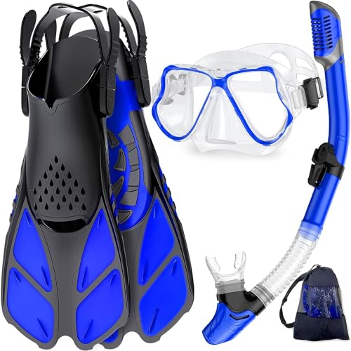 Zenoplige Schnorchelset Erwachsene mit Flossen, Anti-Fog Panorama Taucherbrille, Dry Top Schnorchel und Schwimmflossen, 3 in 1 Schnorchel Set für Schwimmen, Tauchen von Zenoplige