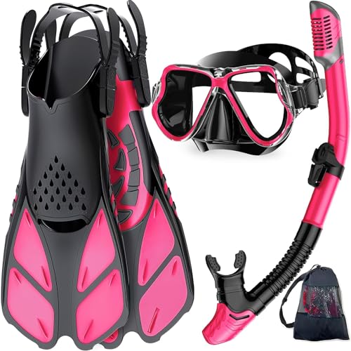 Zenoplige Schnorchelset Erwachsene mit Flossen, Anti-Fog Panorama Taucherbrille, Dry Top Schnorchel und Schwimmflossen, 3 in 1 Schnorchel Set für Schwimmen, Tauchen von Zenoplige