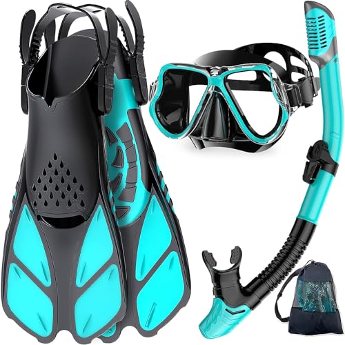 Zenoplige Schnorchelset Erwachsene mit Flossen, Anti-Fog Panorama Taucherbrille, Dry Top Schnorchel und Schwimmflossen, 3 in 1 Schnorchel Set für Schwimmen, Tauchen von Zenoplige