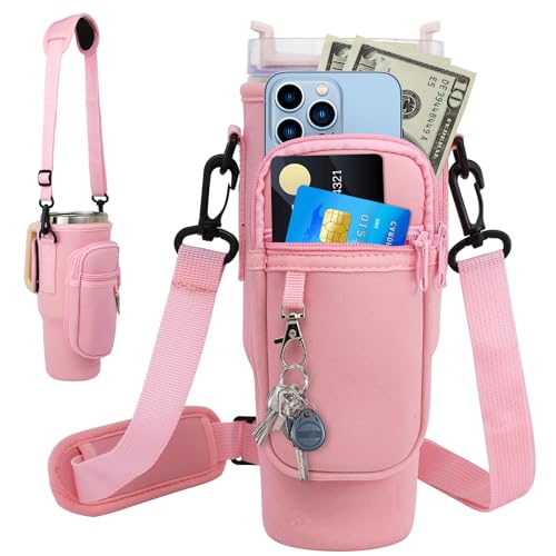 ZephyrCraft Tasche für Stanley Cup 40oz, Zubehör mit Handyfach, Silikon-Strohhalmdeckel & verstellbarem Gurt, Wasserflaschentasche für Wandern (Pink) von ZephyrCraft