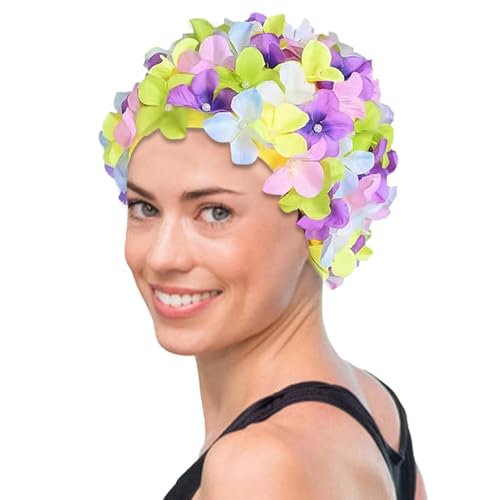 Zestvria Blumen-Badekappe, Modische 3D-Blumen-Badekappe für Damen, Retro-Badekappen für langes/kurzes Haar, Badehut für den Strandurlaub im Schwimmbad von Zestvria