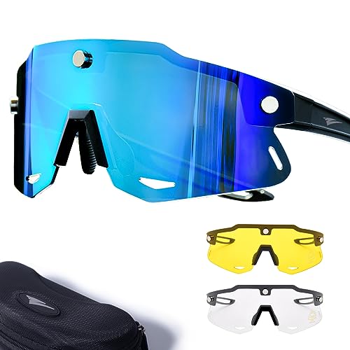 Zetterrank Fahrradbrille Herren mit 3 Magnetische Wechselgläser, UV 400 Sportbrille Herren,Fahrrad Brillen Herren,Fahrradbrille Damen,Rennrad Brille,Sonnenbrille Sport.(Blau) von Zetterrank
