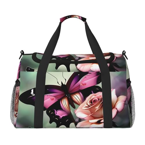 Flower Rose Butterfly Handreisetasche – Aufbewahrung für Camping, Lebensmittel und Sportausrüstung – große wiederverwendbare Tragetasche – Crossbody-Tasche, Schwarz , Einheitsgröße von ZhanGM