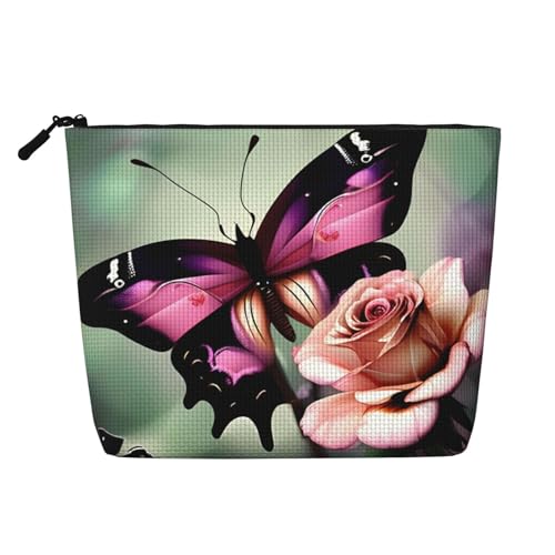 Make-up-Tasche aus künstlichem Hanf mit Blumenrose, Schmetterling, vielseitiges Kosmetik-Zubehör für den täglichen Gebrauch, auf Geschäftsreisen und mehr, Schwarz , Einheitsgröße von ZhanGM