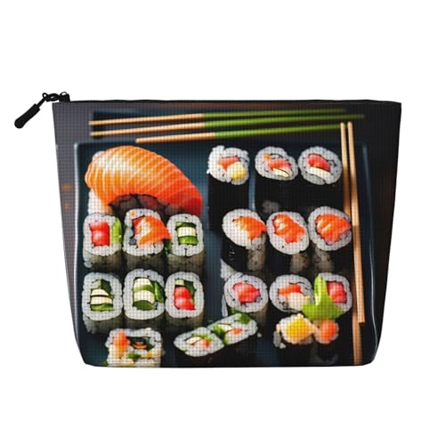 Make-up-Tasche aus künstlichem Hanf mit Sushi-Muster, vielseitiges Kosmetik-Make-up-Zubehör für den täglichen Gebrauch, auf Geschäftsreisen und mehr, Schwarz , Einheitsgröße von ZhanGM