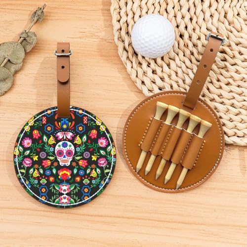 Sugar Horror Totenkopf und Blumen Golf Tees Organizer Tasche – Tragbarer brauner Schutz für Golfplatzzubehör – Gürtelclip mit Metallknopf von ZhanGM