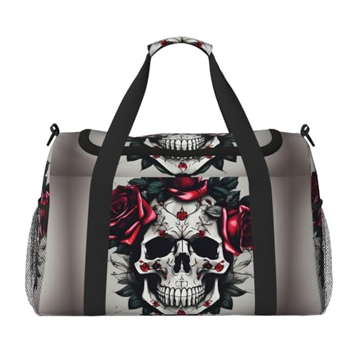 ZhanMg Red Rose Skull Uni Handreisetasche - Stilvolle große Tragetasche für Urlaub, Camping, Sport, Fitnessstudio und Outdoor-Aktivitäten, Schwarz, Einheitsgröße, Schwarz , Einheitsgröße von ZhanMg