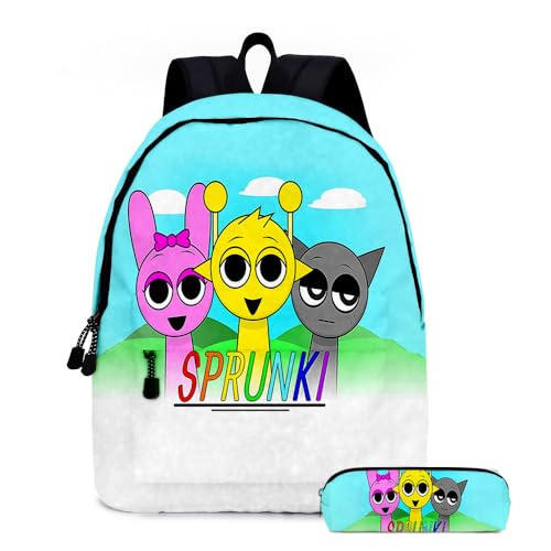 Zhongkaihua Sprunki Rucksack Schüler 2-teiliges Set Back ot School Sprunki 3D Druck Anime Cartoon Casual Schultasche Federmäppchen für Jungen und Mädchen Schuler, Typ10, 30 x 17 x 40 cm von Zhongkaihua