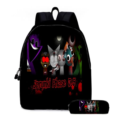 Zhongkaihua Sprunki Rucksack Schüler 2-teiliges Set Back ot School Sprunki 3D Druck Anime Cartoon Casual Schultasche Federmäppchen für Jungen und Mädchen Schuler, Typ6, 30 x 17 x 40 cm von Zhongkaihua