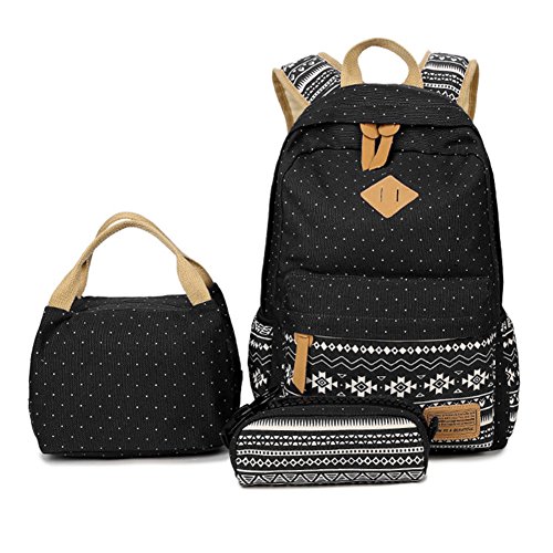 Canvas Daypacks Backpack 3 Teiliges Schultaschen-Set Schulrucksack + Umhängetasche + Mäppchen für Mädchen Damen Jugendliche Schwarz von ZiXing