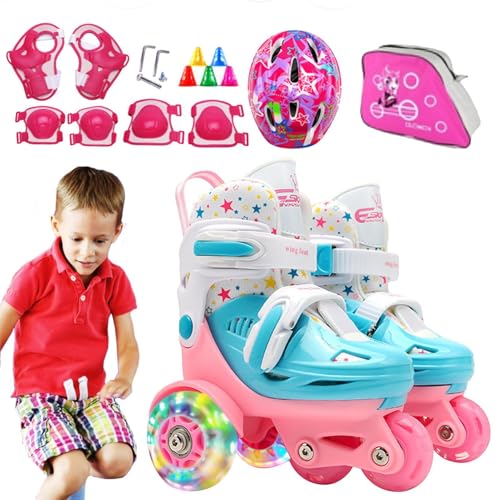 Kids Roller Skates | Three-Point Roller Skates | Beginner Three-Point Adjustable Roller Skates | Roller Skates with Light Up Wheels | Roller Skates with Knee Pads Elbow Pads & Headgear for Gym & Park von Ziabxhn