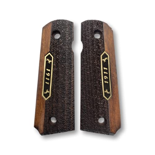 Zib Grips, 1911 Premium-Holzgriffe, Gold – schwarzes Metalllogo, 1911-Zubehör, 1911 Ambi Safety Cut-Griffe, weitgehend passend für alle 1911-Modelle (Logo *1911*, körniges Muster, schwarzes Metalllogo von Zib Grips