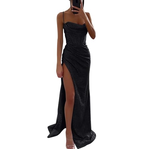 Damen Korsett Kleid Sommerkleid Spaghettiträger Quadratischer Ausschnitt Neckholder Sommer Boho Sonnenkleid Lässig Schlitz Bustier Kleider Langes von Zilosconcy