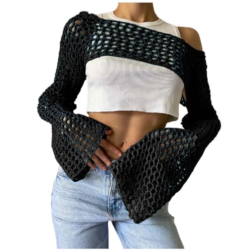 Damen Mesh Crochet Crop Top Damen Y2K Long Sleeve Hollow Out Cropped Knit Sweater Punk Schulterfrei Lose Pullover Streetwear von Zilosconcy