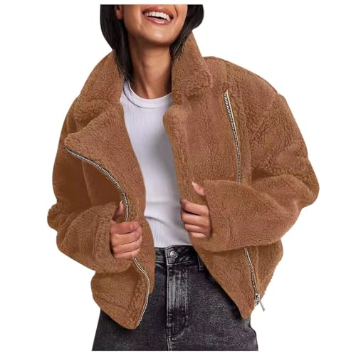 Damen-Winterjacke, Sherpa Jacke Damenplüschjacke Damen Lange Ärmel Flauschige Jacke Fleecejacke - Sweatjacke Warme Mit Kapuze Teddy Mantel Lässige Wintermantel Reißverschluss von Zilosconcy