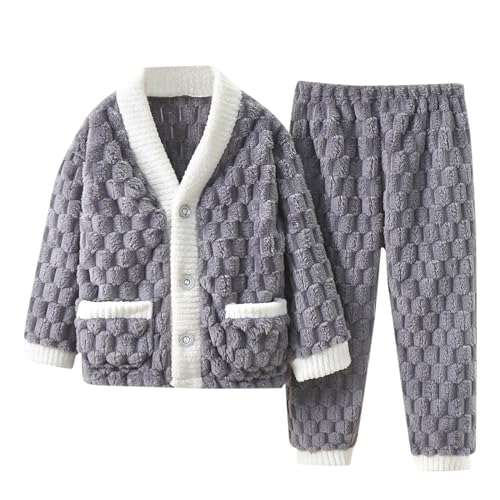 Fleece Pyjama Kinder, Fleece Pyjama Kinder Flanell Schlafanzug Kinder Fleece Pyjama Set Strickjacke Mit Knöpfen Winter Warme Schlafanzüge Weiche Weihnachts Zweiteilig Frottee Pyjama von Zilosconcy