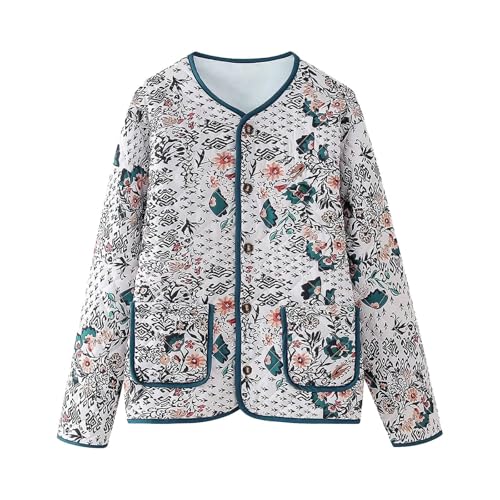 Fleecejacke Damen, Thermojacke Damen Blumendruck Fliesjacken - Knopf Jacke Boho Print Winterjacke Leichte Warme Strickjacke Frauen Patchwork Stickerei Herbst Winter Fleecejacke Oberteile von Zilosconcy