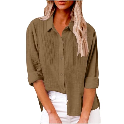 Leinenhemd Damen, Leinenbluse Damen Einfarbig Musselin Bluse - Sommer Leinenhemd Elegantes Hemdbluse Frauen Basic V-Ausschnitt Langarm Hemd Casual Top von Zilosconcy