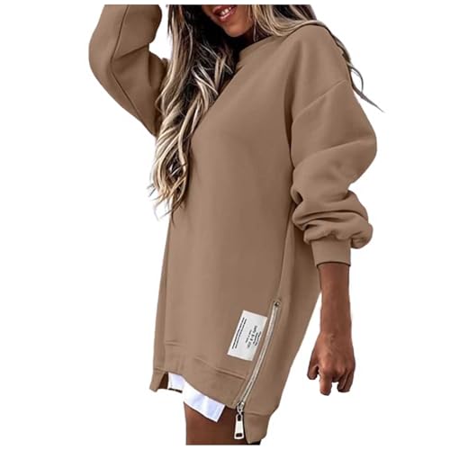 Longpullover Für Damen, Longpullover Für Damen Zipper Slit Sweatshirt Lange - Sweatpullover Oversize Langarmshirt Long Sleeves Winterpullover Rundhals Pullover Casual Tops Für Frauen von Zilosconcy