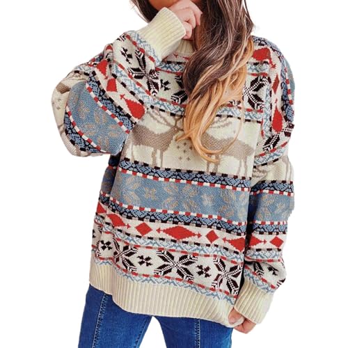 Outlet Angebote, Norweger Pullover Damen Mohair Weihnachtspulli - Alpaka Pullover Jacquard Grobstrickpullover Dicker Sweater Rundhals Langarm Strickpullover Casual Wollpulli Frauen von Zilosconcy