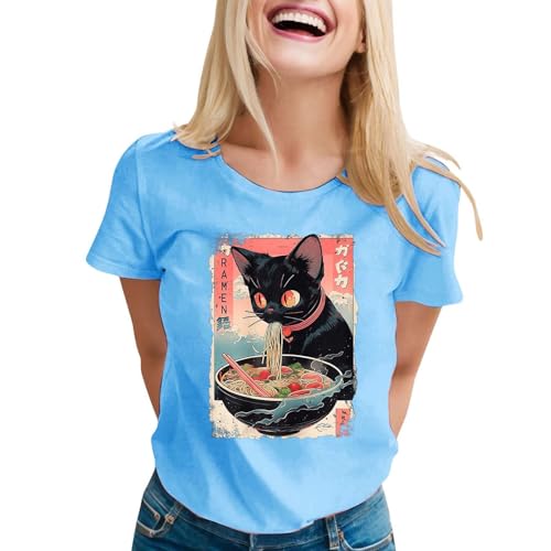 T-Shirt Damen Sommer Katze Drucken Bluse - Crop Tops Basic Rundhals Oberteil Damen Sommer Alltag Freizeit Kurzarm Tshirt von Zilosconcy