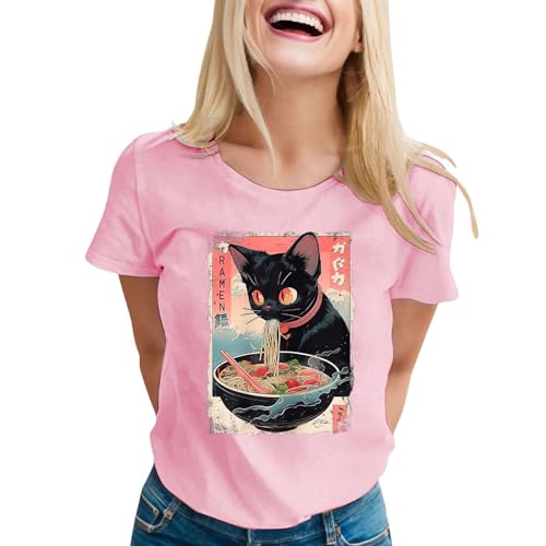 T-Shirt Damen Sommer Katze Drucken Bluse - Crop Tops Basic Rundhals Tshirt Damen Sommer Alltag Freizeit Kurzarm Oberteil von Zilosconcy