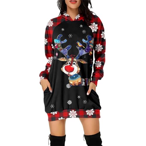 Weihnachtskleid Damen Lustig, Weihnachtskleid Damen Lustig Rentier Druck Weihnachtskleider - Sexy Weihnachtskleidung Hoodie Oversize Langarm Pullover Kleid Mit Kapuze Fur Frauen Mode Weihnachtsoutfit von Zilosconcy