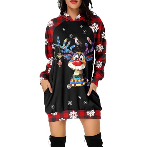 Weihnachtskleid Damen Lustig, Weihnachtskleid Damen Lustig Rentier Druck Weihnachtskleider - Sexy Weihnachtskleidung Hoodie Oversize Langarm Pullover Kleid Mit Kapuze Fur Frauen Mode Weihnachtsoutfit von Zilosconcy