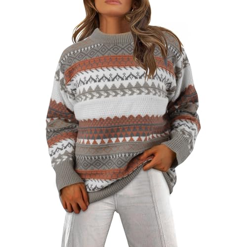 Zilosconcy Damen Norweger Pullover, Norweger Pullover Damen Mohair Weihnachtspulli - Alpaka Pullover Jacquard Grobstrickpullover Weich Sweater Rundhals Langarm Strickpullover Casual Wollpulli Frauen von Zilosconcy