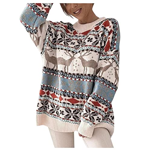 Zilosconcy Outlet Angebote, Norweger Pullover Damen Mohair Weihnachtspulli - Alpaka Pullover Jacquard Sweater Weich Grobstrickpullover Warme Winterpullover Oberteile Lockere Jumpers Frauen von Zilosconcy