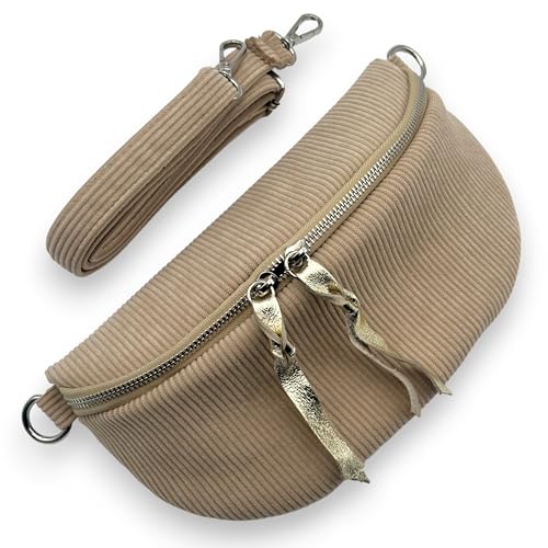 Cord Bauchtasche Damen mittel groß mit Doppel-Zipper Reißverschluss (Beige) von Ziona