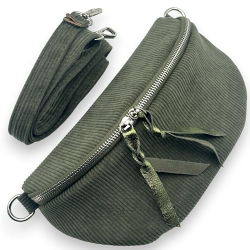 Cord Bauchtasche Damen mittel groß mit Doppel-Zipper Reißverschluss (Khakigrün) von Ziona