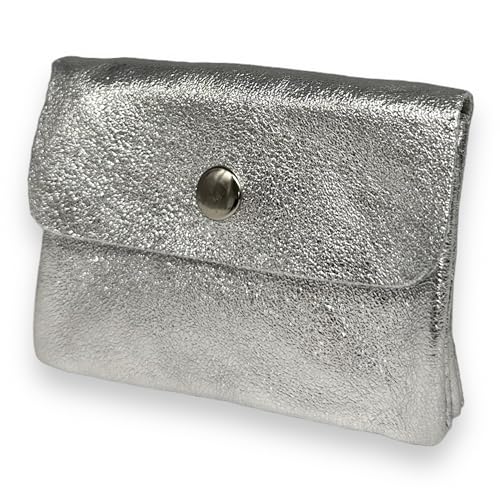 Portemonnaie Damen klein Leder mit Münzfach und Knopf Mini Geldbörse Brieftsche Geldbeutel Echtleder (Metallic-Silber) von Ziona