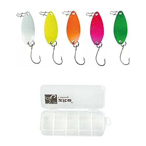 Zite Fishing Trout-Spoon-Set Neon Forellen-Angeln - 5 Forellen-Blinker Ultra-Light in Köder-Box - 4 x UV-Aktiv - 3,5cm 3g Zite Fishing Trout-Spoon-Set Neon Forellen-Angeln - 5 Forellen-Blinker Ultra-Light in Köder-Box - 4 x UV-Aktiv - 3,5cm 3g von Zite