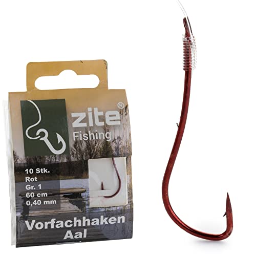 Zite Fishing Aal-Haken Gebunden 10 Stück – Monofile Vorfachschnur Aal-Angeln mit Angelhaken Rot Gr.1-2 – Angelschnur mit Angelhaken (Größe 1) von Zite