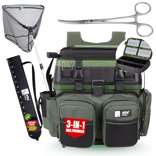 Zite Fishing Angel-Zubehör-Set | Multi-Angel-Koffer-Rucksack | 4 Tackleboxen im Deckel | Teleskop-Kescher gummiert | 2,10m Unterfang-Kescher | 18cm Hakenlöse-Zange von Zite