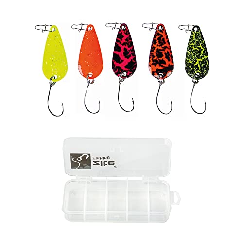 Zite Fishing Forellen-Blinker-Set Neon - 5 Stück 3cm 3g - Fängige Ultra Light UV-Angelköder mit Einzelhaken in Trout-Spoon Köder-Box Zite Fishing Forellen-Blinker-Set Neon - 5 Stück 3cm 3g - Fängige Ultra Light UV-Angelköder mit Einzelhaken in Trout-Spoon Köder-Box von Zite