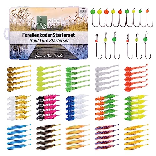 Zite Fishing Forellen-Gummiwürmer Starterbox – Umfangreiches Ultra Light Forellenangeln-Set mit 75 Gummiködern, Tungsten Jighaken & Cheburashka Rigs von Zite
