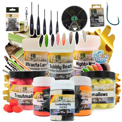 Zite Fishing Forellenköder Auftreibend XXL Set | Floating Forellen Angelköder | Troutmallows, Mighty Mag, Forellenteig, Bubbly Beads | Inklusive Bodentaster, Vorfachhaken & Mehr für Forellensee Zite Fishing Forellenköder Auftreibend XXL Set | Floating Forellen Angelköder | Troutmallows, Mighty Mag, Forellenteig, Bubbly Beads | Inklusive Bodentaster, Vorfachhaken & Mehr für Forellensee von Zite