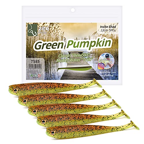 Zite Fishing Gummifische Zander Set – Inzite Shad 12cm Diverse Farben - 5STK Fängige Gummiköder Zanderangeln - Softbait Angelköder UV-Aktiv (Green Pumpkin) von Zite