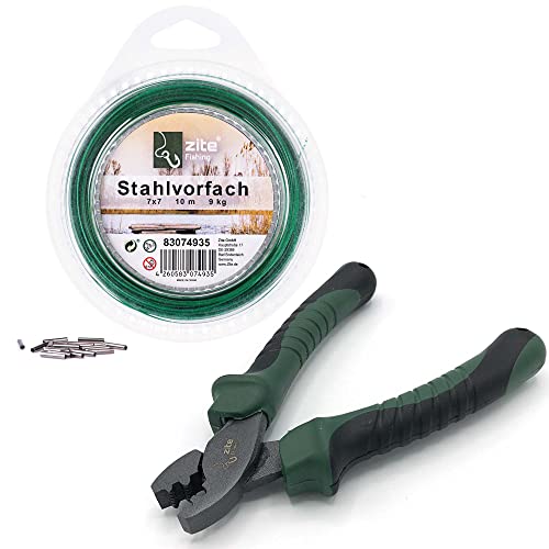 Zite Fishing Quetschhülsenzangen-Set/Klemmhülsen-Zange + Stahlvorfach Grün Rolle 9kg + Klemmhülsen/Raubfisch-Vorfächer Selber Bauen von Zite