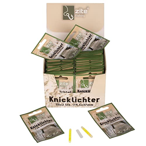 Zite Fishing Knicklichter Set Angeln Lange Leuchtdauer - 100 Stück in Knicklicht-Box - Für Posen & Bissanzeiger Nachtangeln - 4,5x37mm Gelb/Grün von Zite