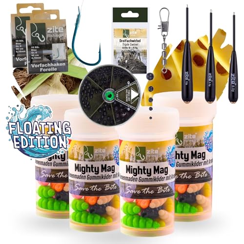 Zite Fishing Mighty Mag Floating Starter-Edition | Zubehör fürs Passiv-Angeln | 48 Stück Bienenmaden-Imitate | Knoblauch & Käse Flavour | Aufsteigender Forellenköder | Made in Germany von Zite