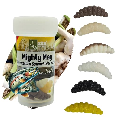 Zite Fishing Mighty Mag Nature Mix 12 STK - Bienenmaden Imitat Forellenköder 2,8cm – Gummiköder Forellen-Angeln - Phthalatfrei - Natur Knoblauch von Zite