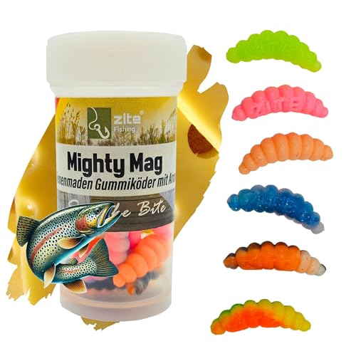 Zite Fishing Mighty Mag Neon Mix 12 STK - Schockfarben Forellen-Köder 2,8cm - Bienenmaden-Imitat – Gummiköder UV-Aktiv & Phthalatfrei – Neon Käse von Zite