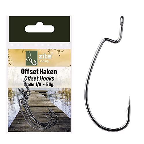 Zite Fishing Offset-Haken Set - 5 STK Scharfe Angelhaken Kunstköder-Angeln Barsch & Zander Größe 1/0 - Perfekt für Gummiköder, Jigs, Creature Baits von Zite