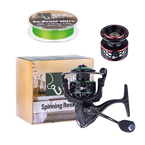 Zite Fishing Spinn-Angel-Set | Spinning Reel 3000 7+1BB | Raubfisch-Rolle | 2 Alu-Spulen | Geflochtene Schnur | Japan PE-Geflecht | 0,12mm Zanderschnur von Zite