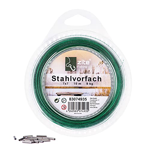 Zite Fishing Stahlvorfächer Angeln Material – Hochwertiges 7x7 Edelstahl Raubfisch-Vorfach 6-12kg Selber Bauen - 10m Spule inklusive 20 Klemmhülsen (9 kg) von Zite